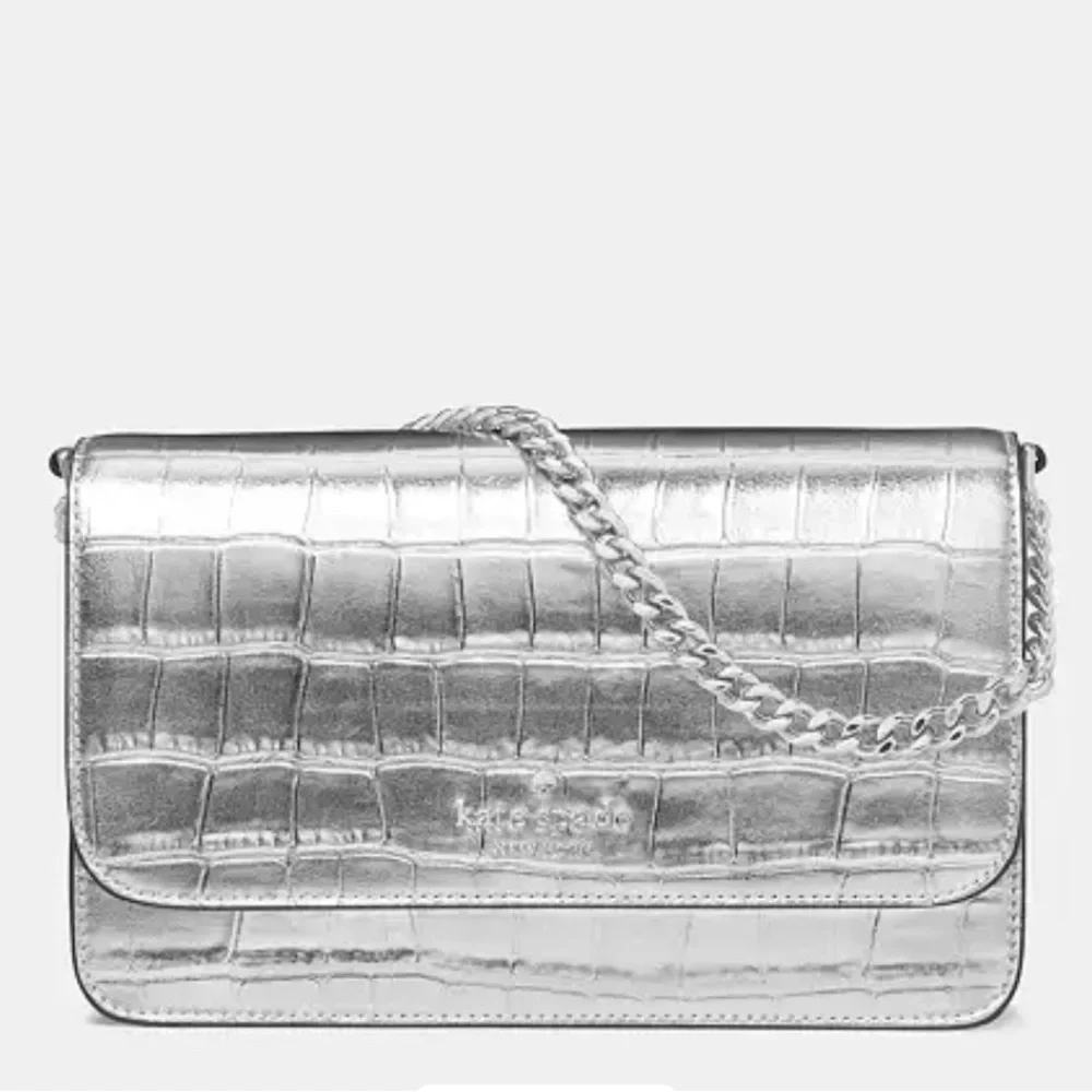 Kate Spade Madison Croc Embossed Willow Mini Flap Crossbody Silver